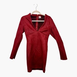 Mocking Jay Red Burgundy Faux Suede Long Sleeve Bodycon Mini Dress Medium